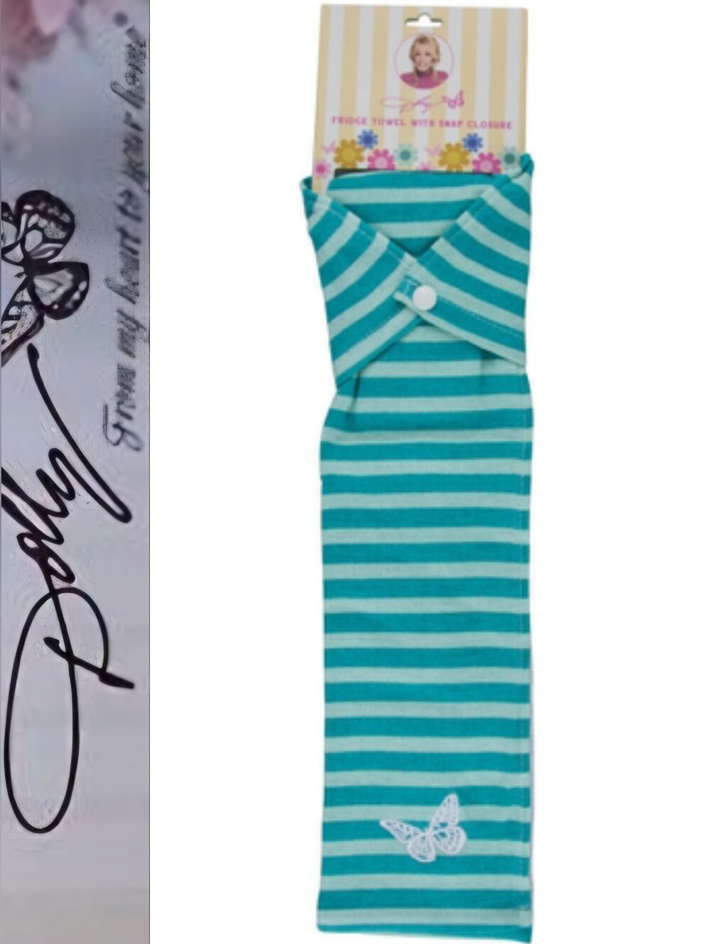 Dolly Parton Striped Butterfly Fridge Towel w/Snap Closure- Green